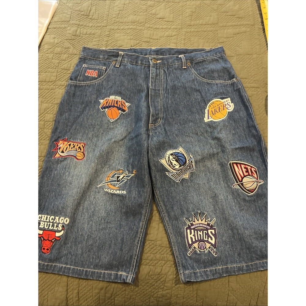 Unk NBA  Blue‎ Jean Shorts Vintage 90s Size 36 With 16 Team Patches